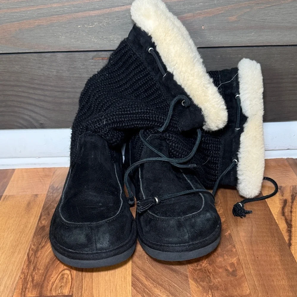 UGG Black Knit Suede Boots with Cream Fur Trim